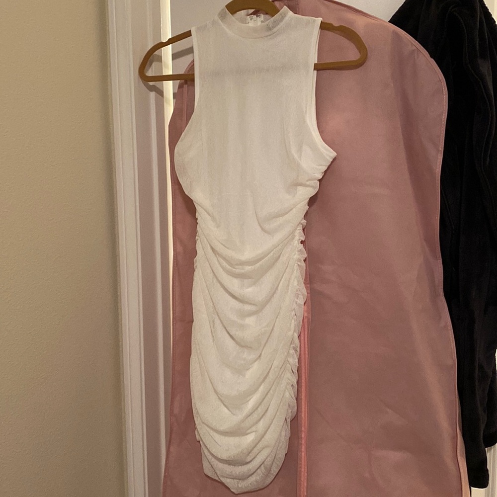 White Mesh Ruched Mock Neck Mini Dress